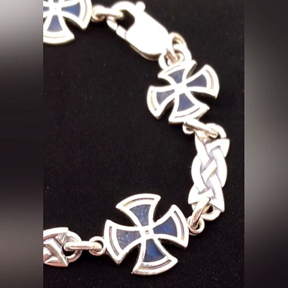 Sterling Silver 925 Maltese Cross Blue Enamel Bracelet Vintage - Picture 4 of 14